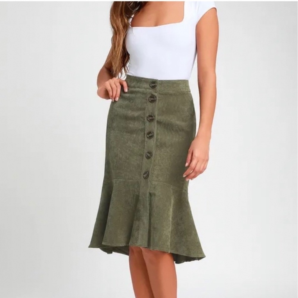 Lulus Doing My Thing Olive Green Corduroy Trumpet Hem Midi Skirt Women's Small